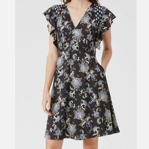 Rebecca Taylor Silk Blend Paisley Dress Black Ruffle Flutter Sleeve Size 8